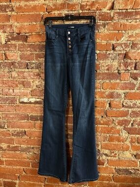 Fashion Nova Dark Blue Button-Front Bootcut Jeans